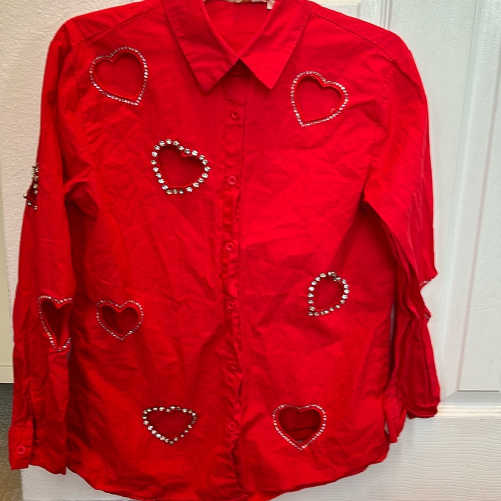 Lizette Collection Finely Crystal Heart Cutout Button-Up Shirt Sz S
